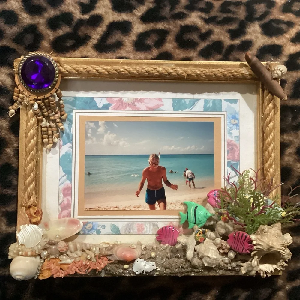 Island inspired handmade picture 3D frame fish, coral, shells and bling